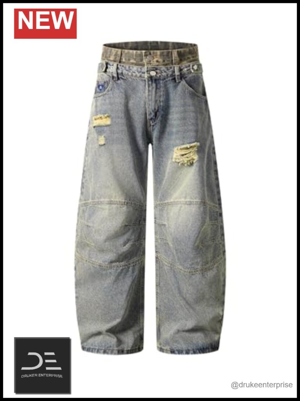Womens Camo Double Waist Jeans Baggy Wide Leg Retro Washed High Waisted Denim
